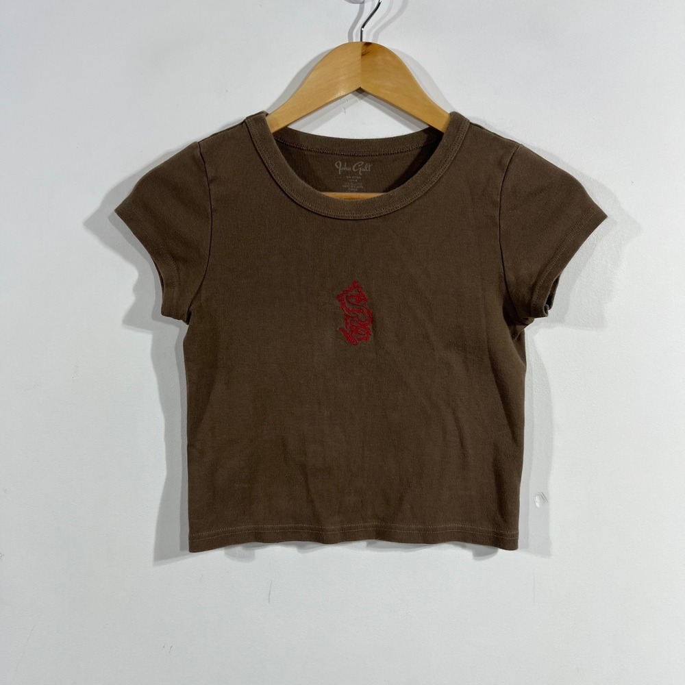 John Galt Asian Y2K Dragon Embroidered Baby Tee Ringer Crop Top Small Streetwear